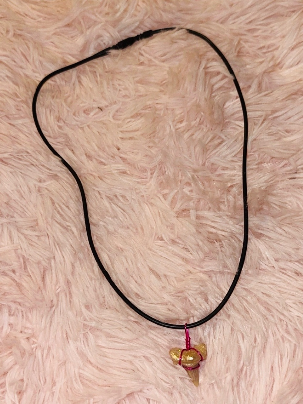 Gold Shark Tooth Necklace on Black Cord with Pink Wrap